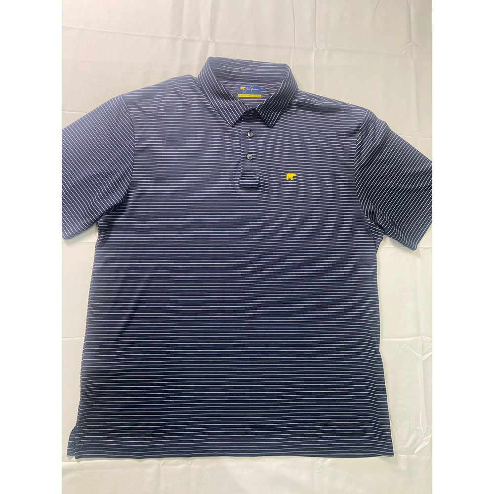 Jack Nicklaus Mens XL Blue White Stripe Golf Polo Shirt Gold Bear Logo